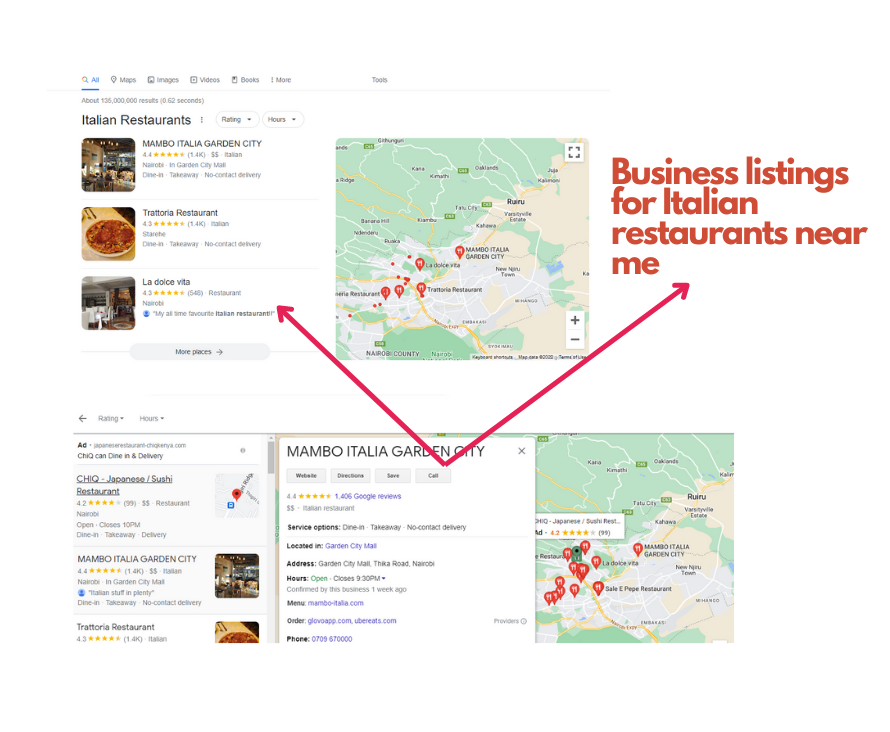 Italian restaurants listed on Google local businesses search