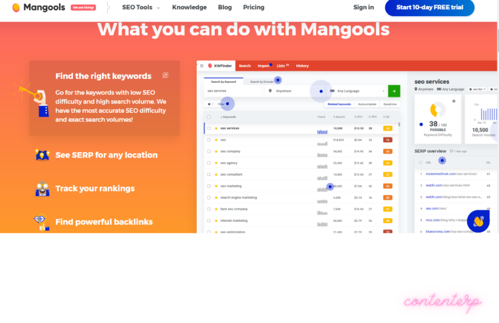 Mangools rank tracking set for websites