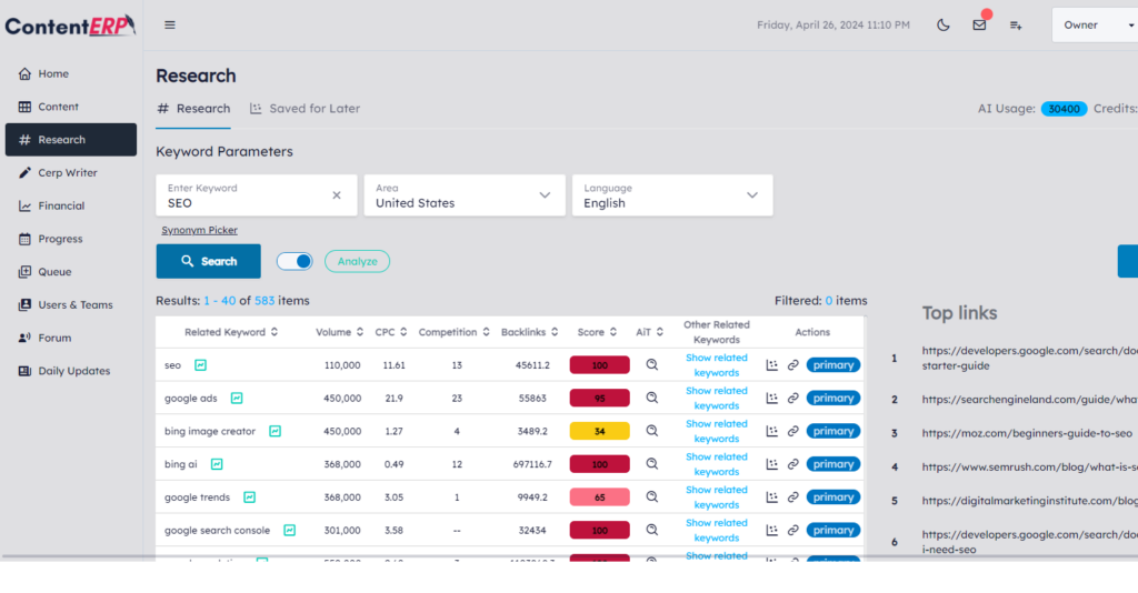 ContentERP keyword research and analysis dashboard